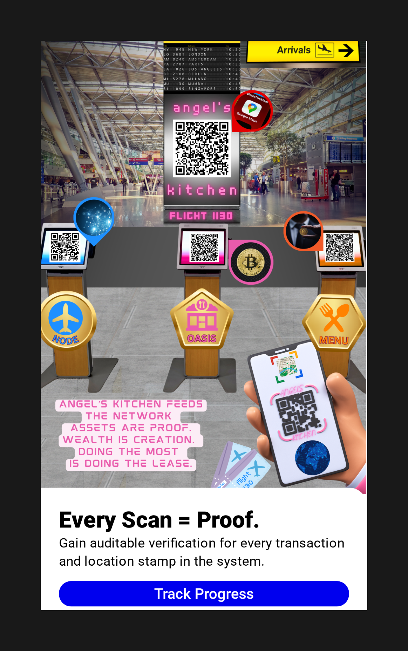 Angel's Kitchen Flight Hub with QR stands and the line Every Scan = Proof.