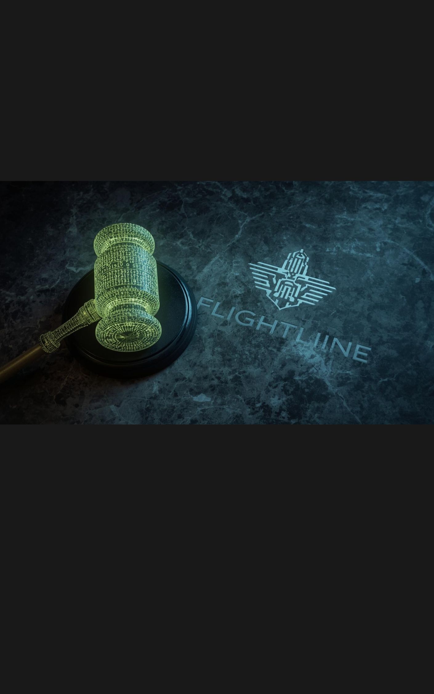Digital judge's gavel made of glowing code with FlightLine insignia.