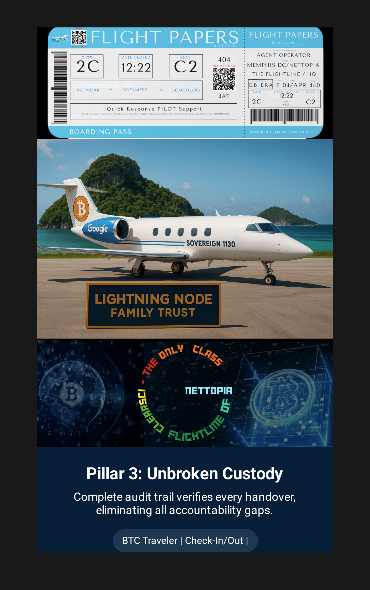 Flight Papers boarding pass over private jet and BTC network with Pillar 3: Unbroken Custody.